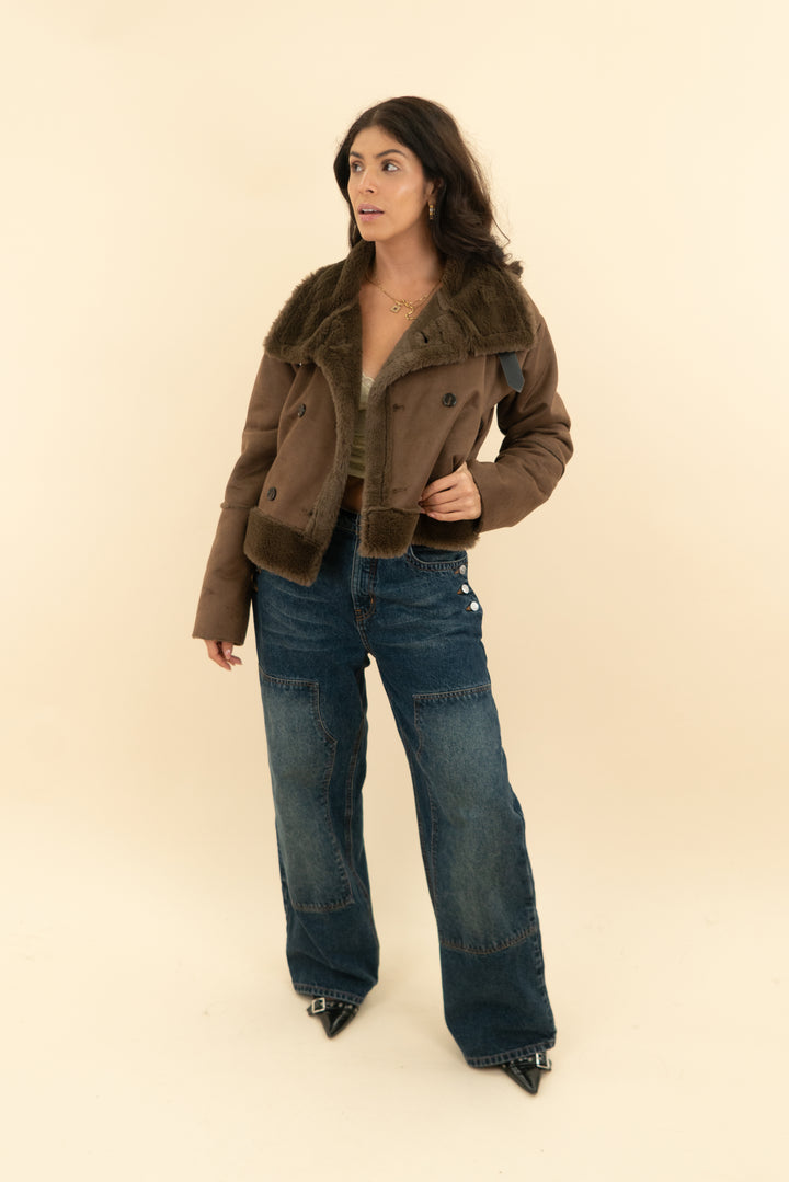 vici brown suede faux fur jacket (s)