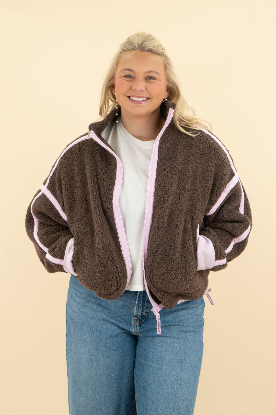 fp movement brown & lilac sherpa zip jacket (m)