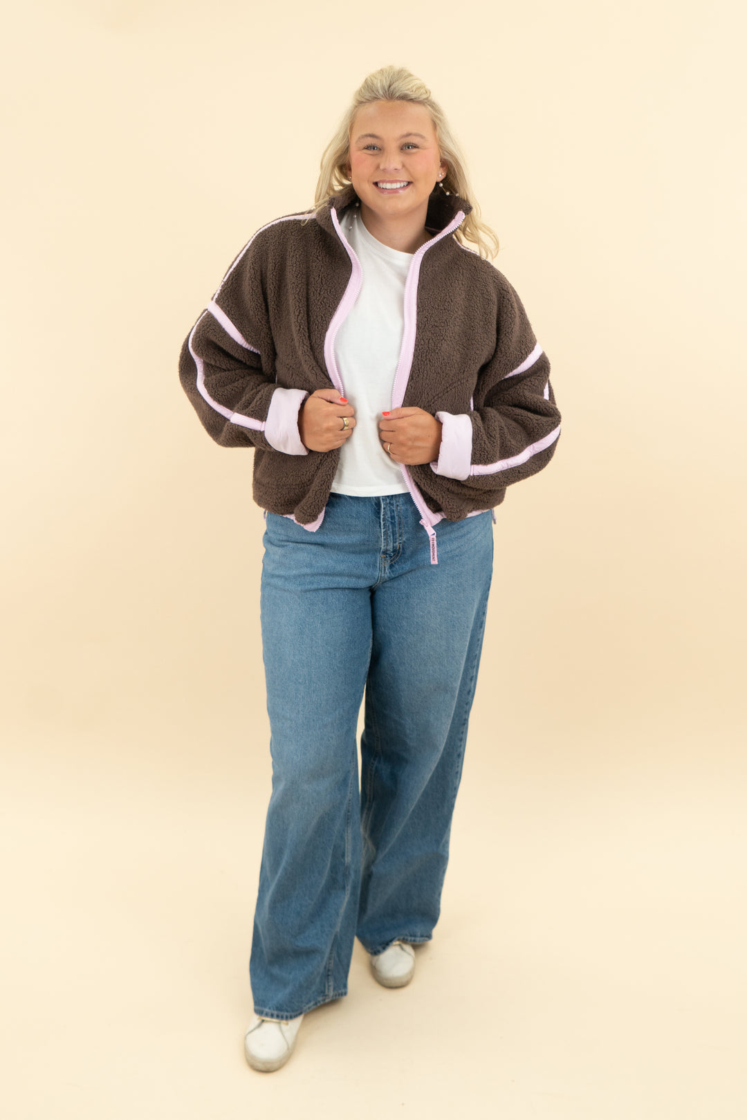 fp movement brown & lilac sherpa zip jacket (m)