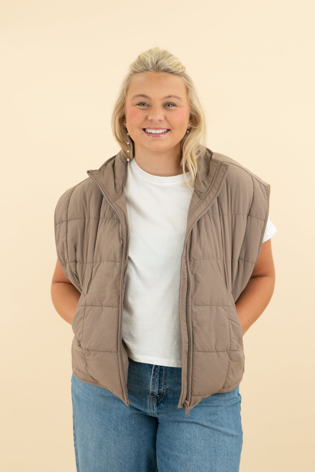 free people movement taupe quilted vest (m)