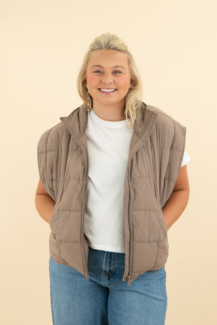 free people movement taupe quilted vest (m)