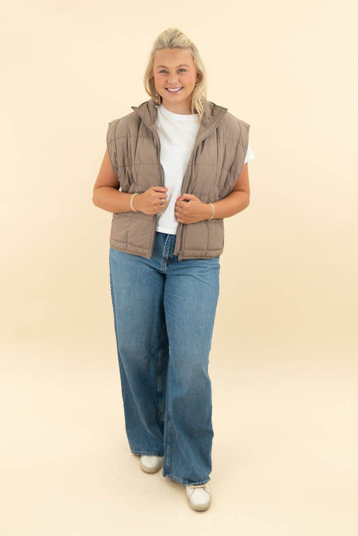 free people movement taupe quilted vest (m)
