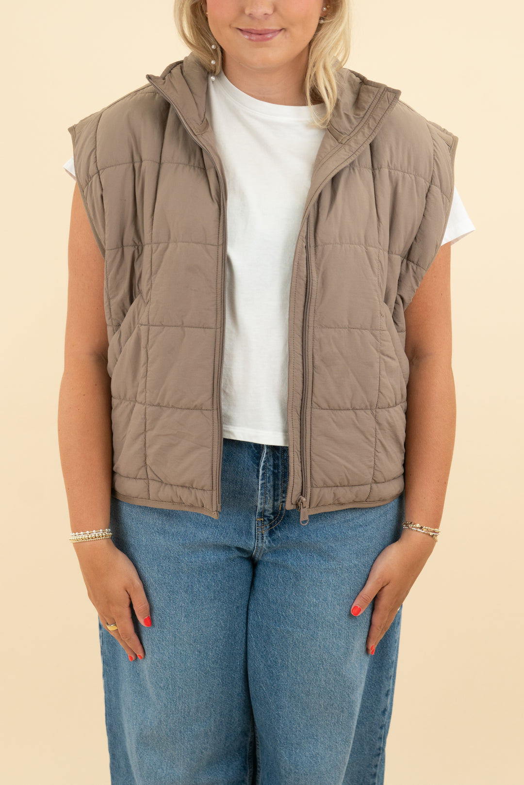 free people movement taupe quilted vest (m)