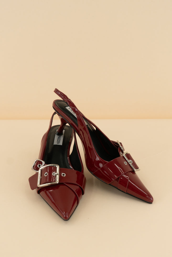 steve madden sling back burgundy kitten with buckle design (7; retail $109.95)