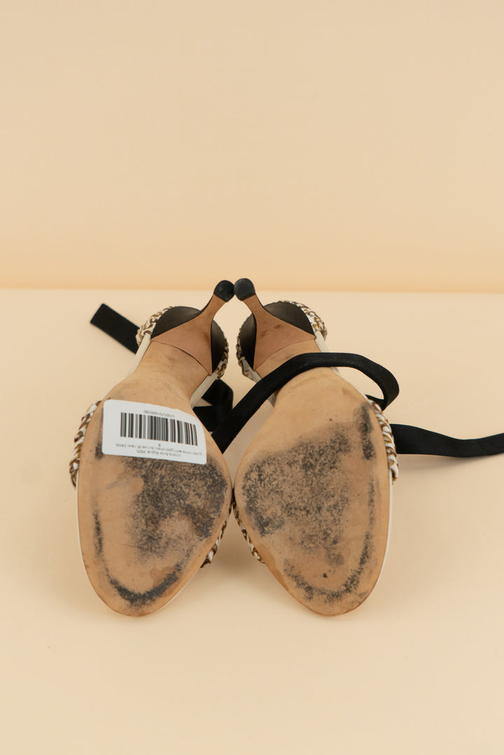 gucci white satin gold chain pumps (8; retail $850)