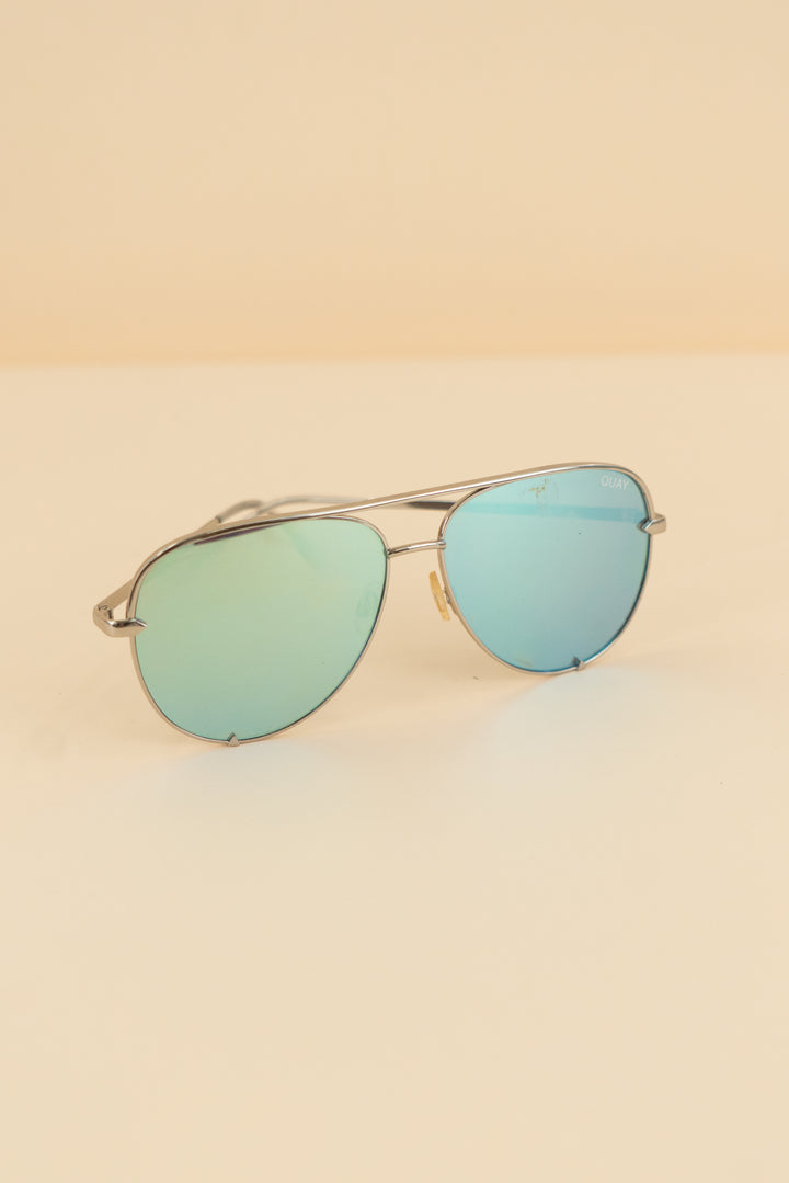 Quay x Desi High Key silver blue lense sunglasses (os; retail $95)