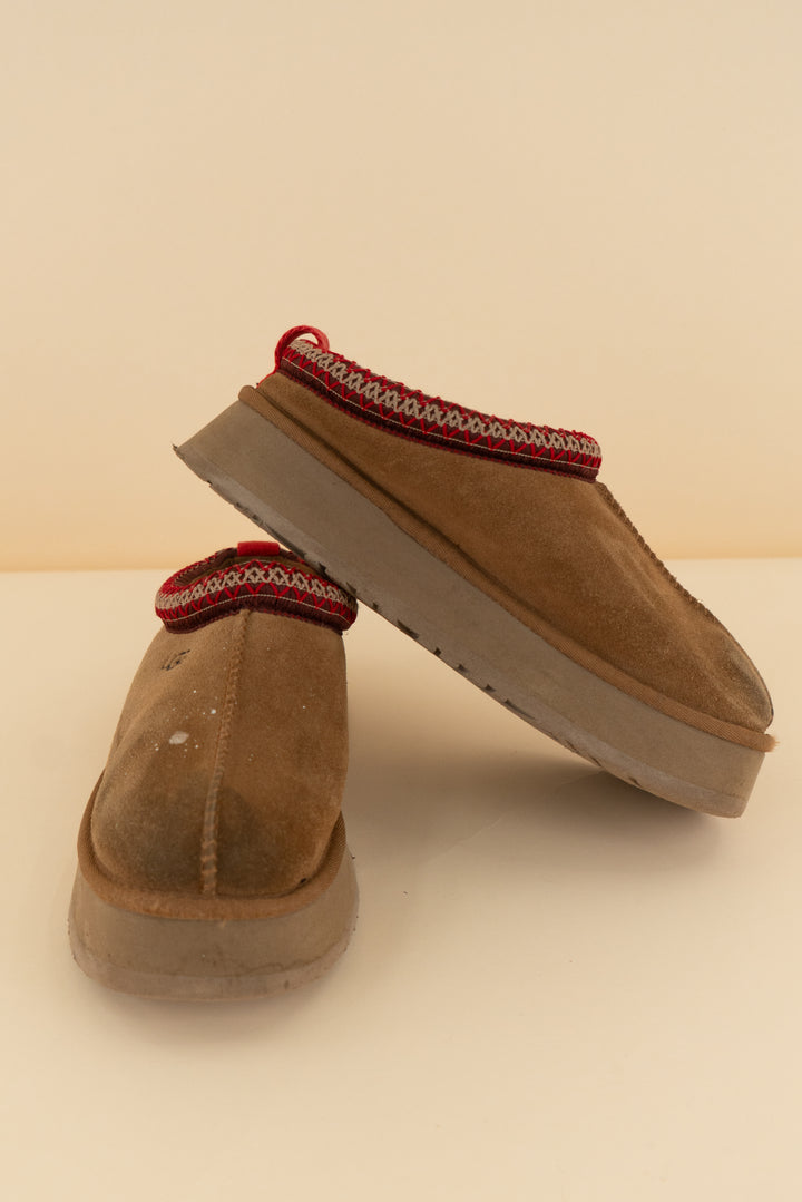 ugg chestnut tasman slippers with red stitching (8; retail $145)