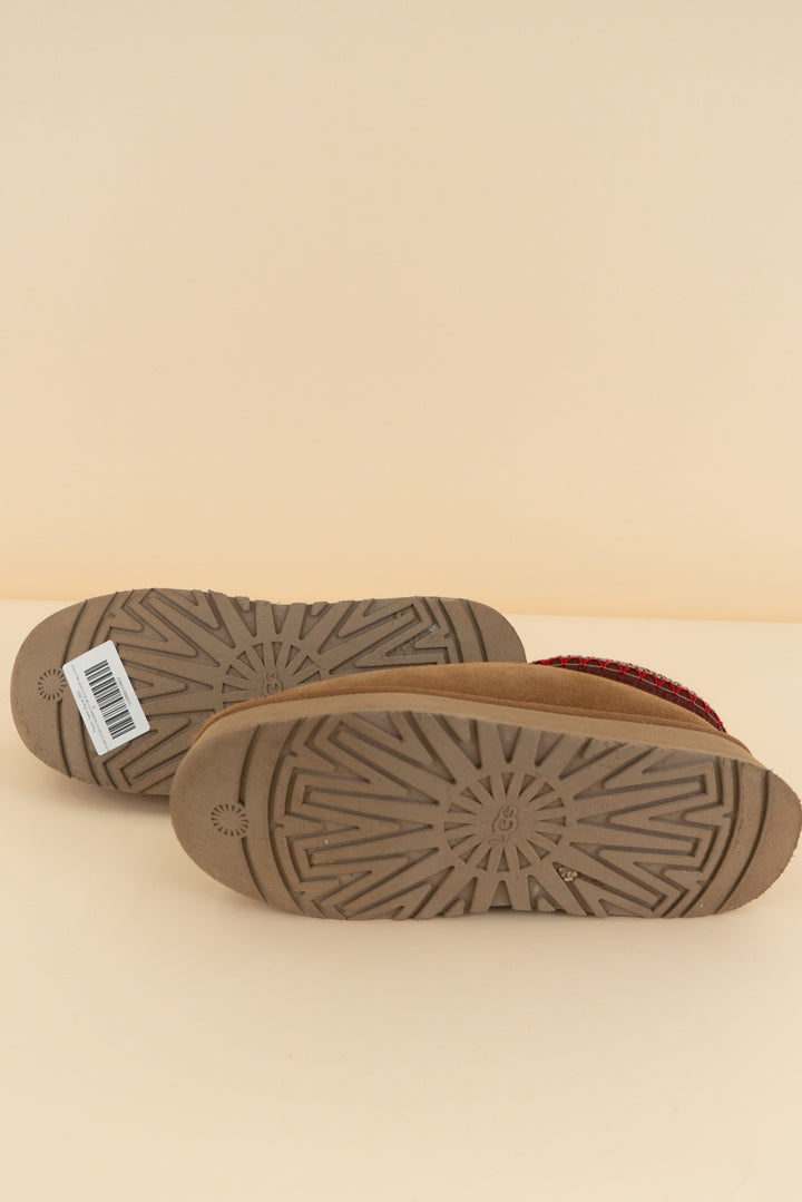 ugg chestnut tasman slippers with red stitching (8; retail $145)