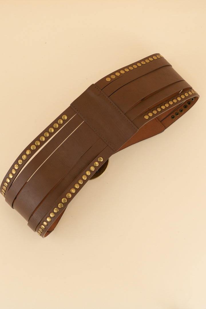 brown vegan leather belt with gold accents (l)