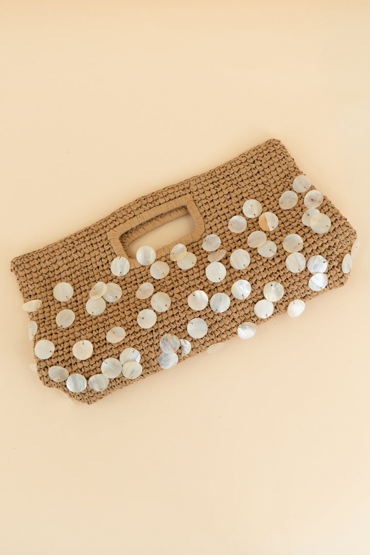 j.crew brown/capiz shell rattan handbag