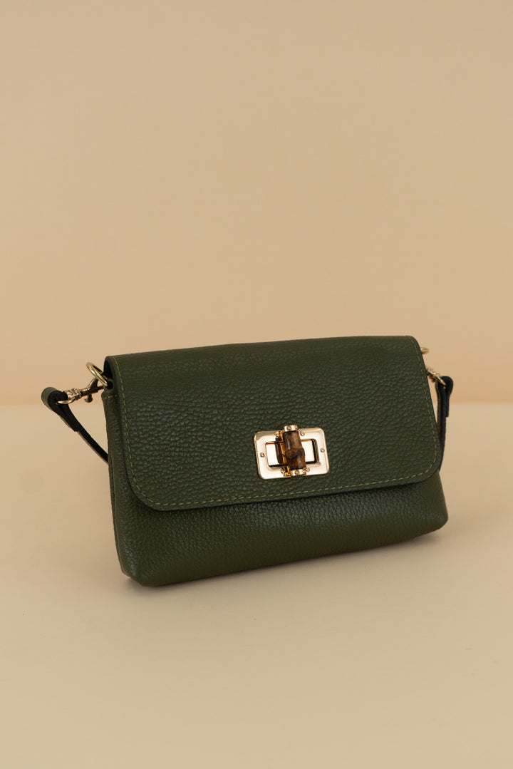 olive green genuine leather small purse with bamboo clasp (s)