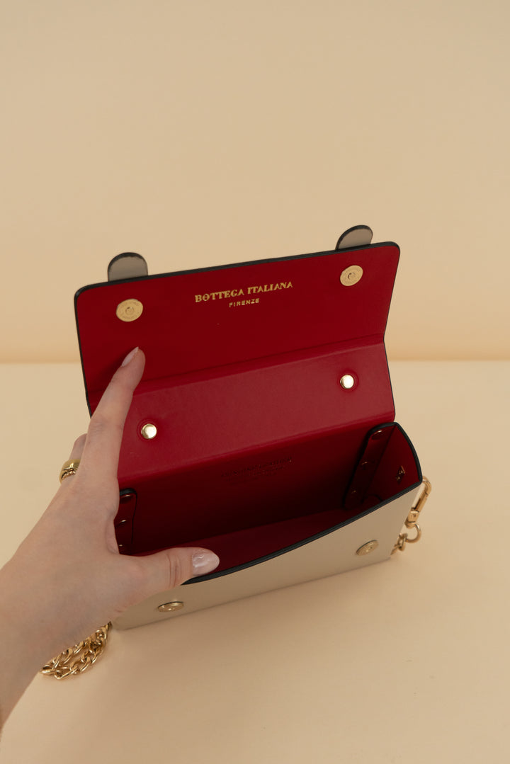bottega italiana firenze taupe boxy crossbody chain bag