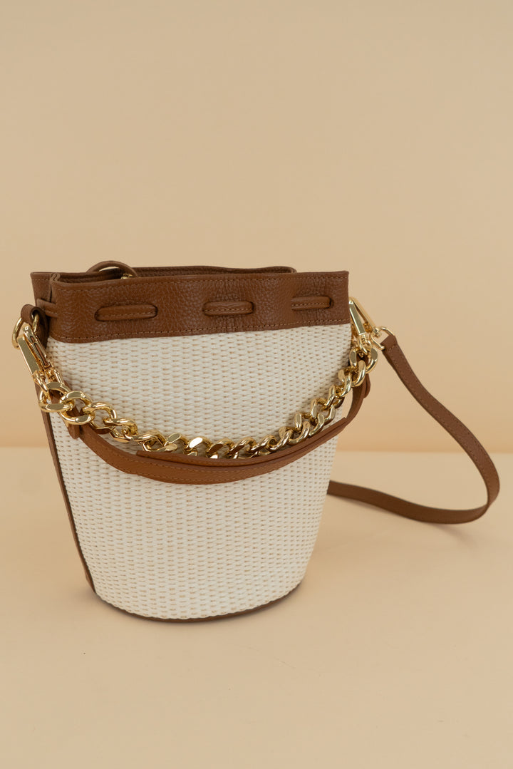 gigi new york ivory/brown weave bucket bag