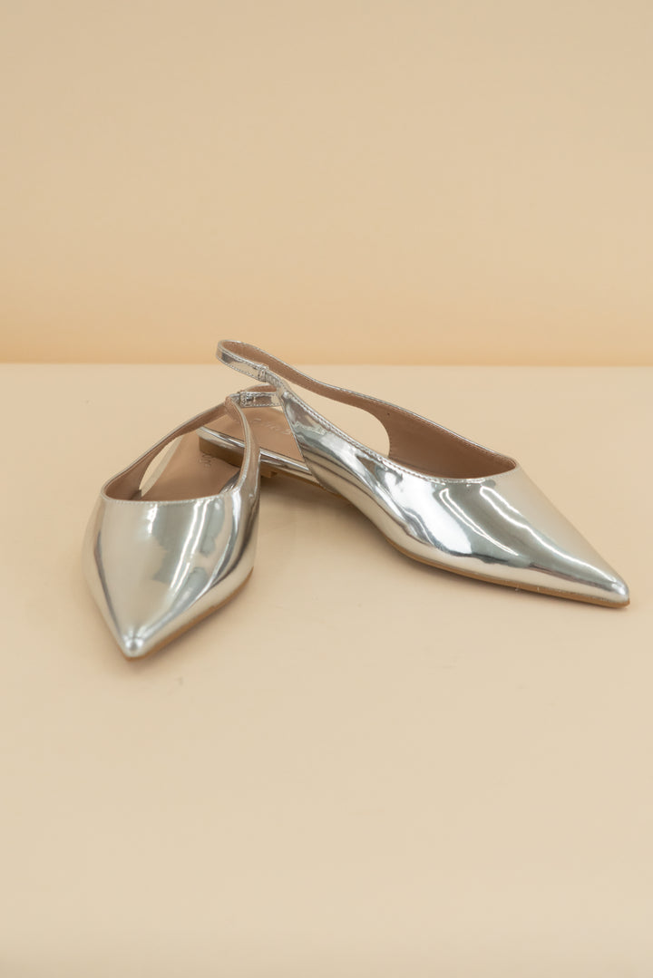 bamboo silver metallic pointed toe slingback flat (7.5)