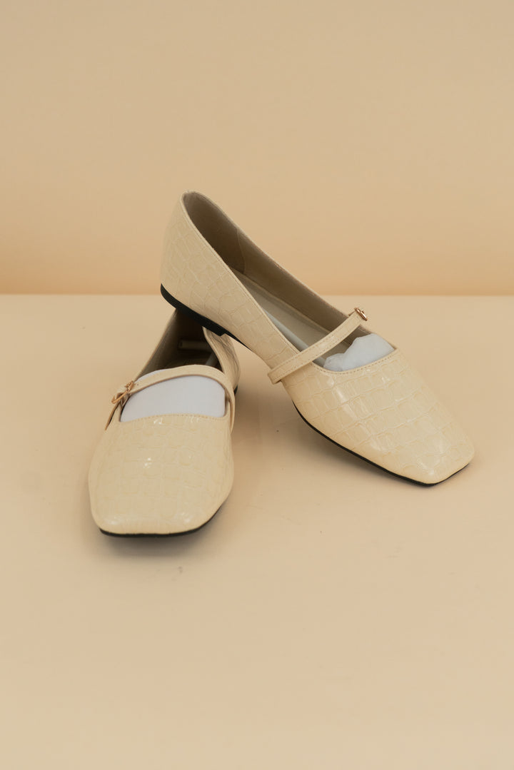 cream faux crocodile leather mary jane ballet flats (7.5)
