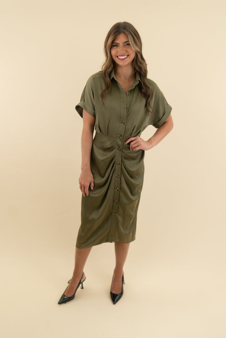 BTFBM Satin Button-Front Olive Green Shirt Satin Dress with Tie Waist (s; retail $58.99)