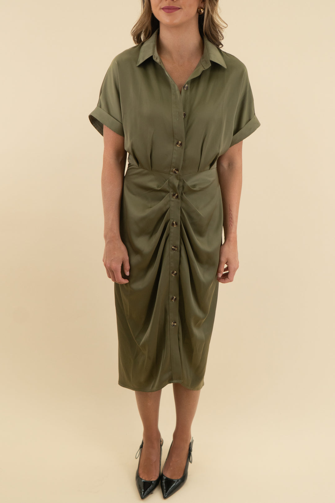 BTFBM Satin Button-Front Olive Green Shirt Satin Dress with Tie Waist (s; retail $58.99)