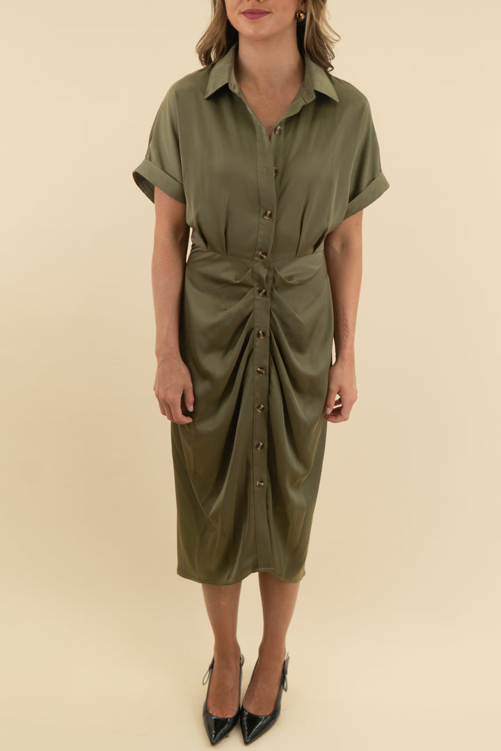 BTFBM Satin Button-Front Olive Green Shirt Satin Dress with Tie Waist (s; retail $58.99)