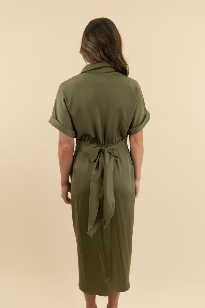 BTFBM Satin Button-Front Olive Green Shirt Satin Dress with Tie Waist (s; retail $58.99)
