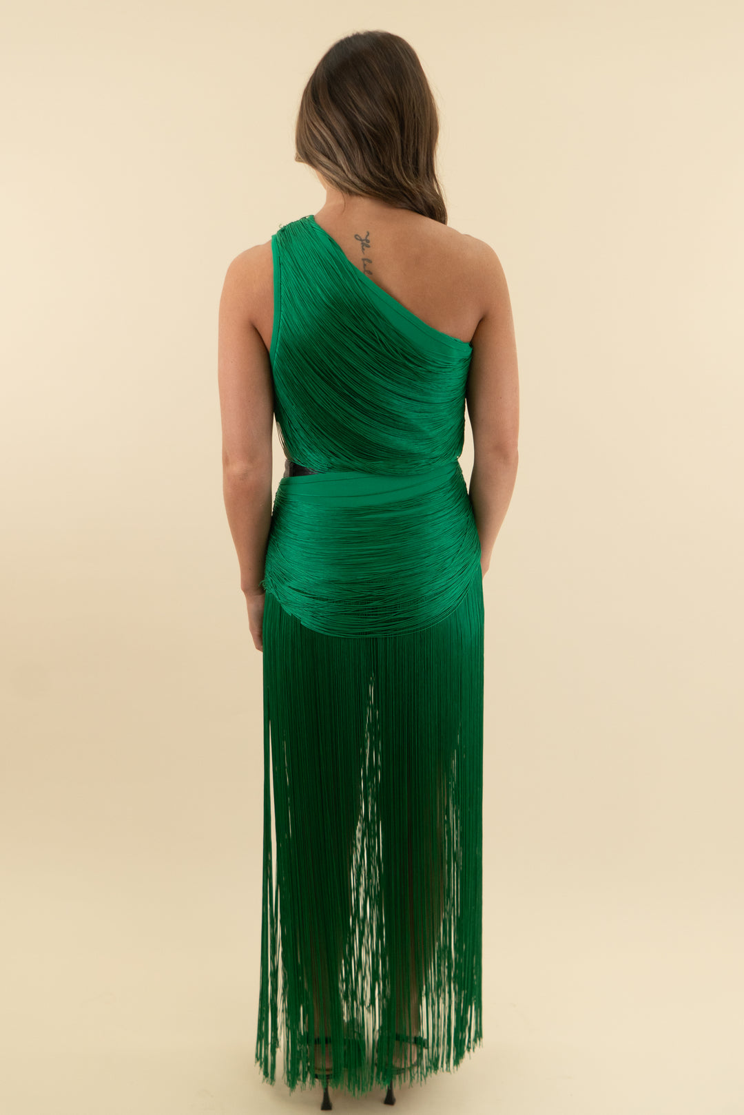 akira kelly green single shoulder fringe top (s)