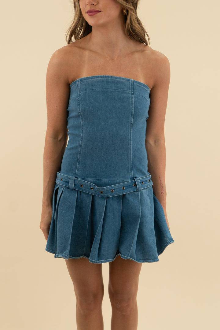 windsor denim strapless pleat dress (s)