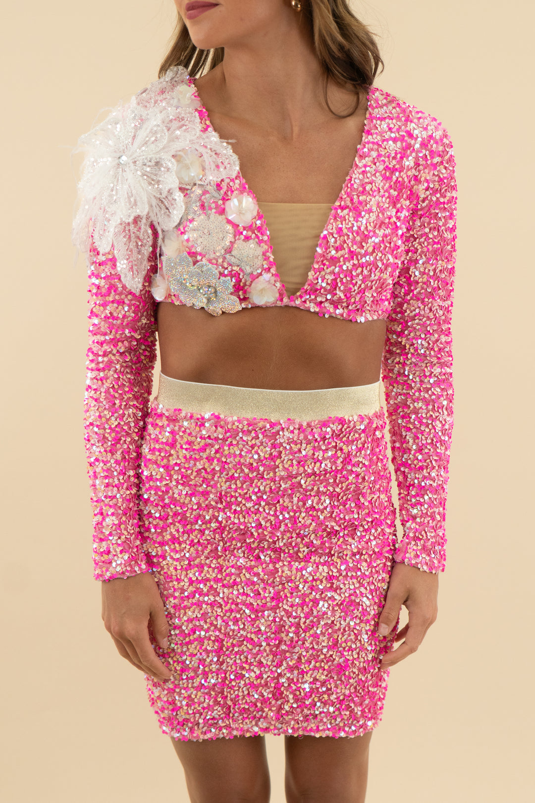 petal + pup pink sequin floral crop top and mini skirt set (xs)