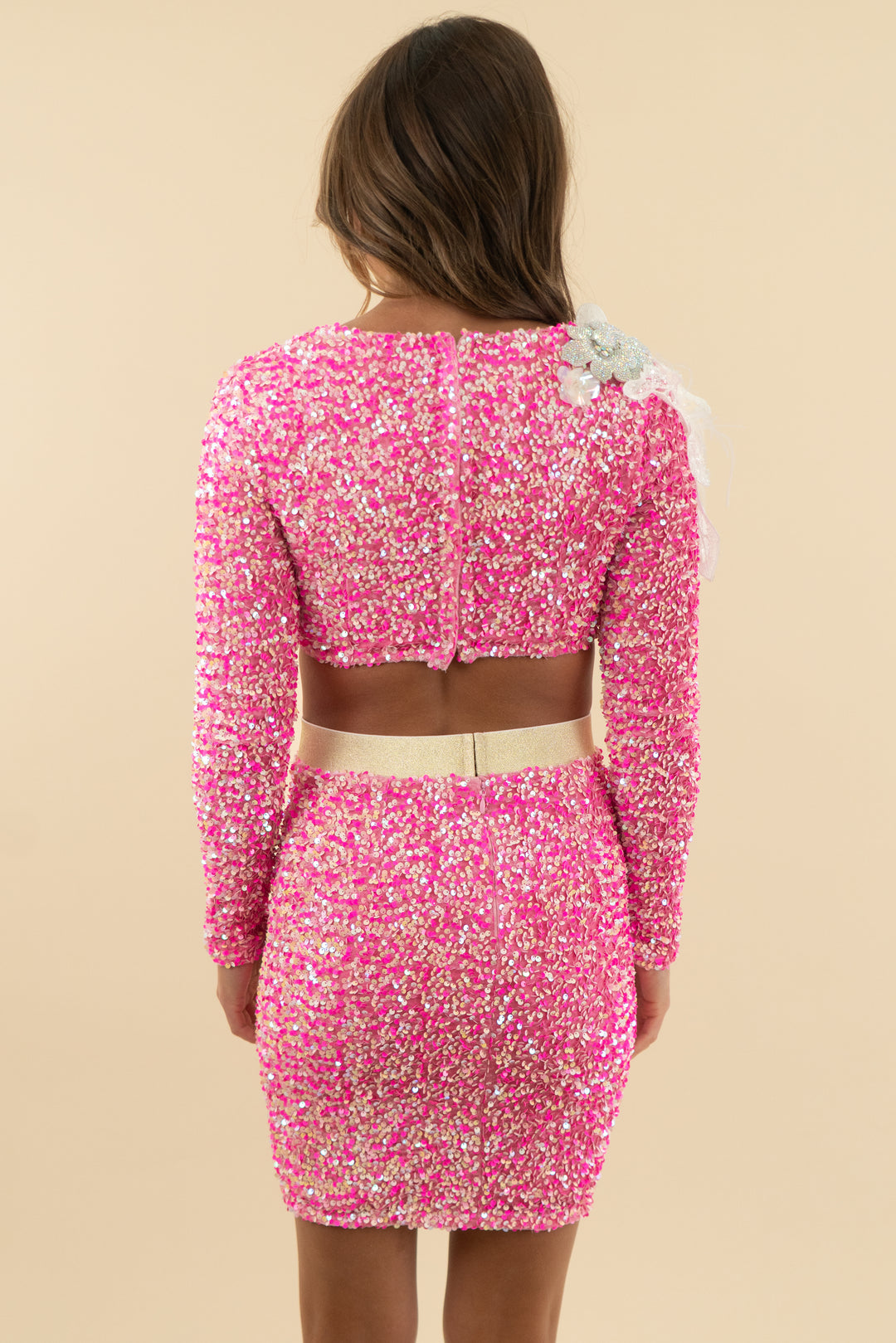 petal + pup pink sequin floral crop top and mini skirt set (xs)