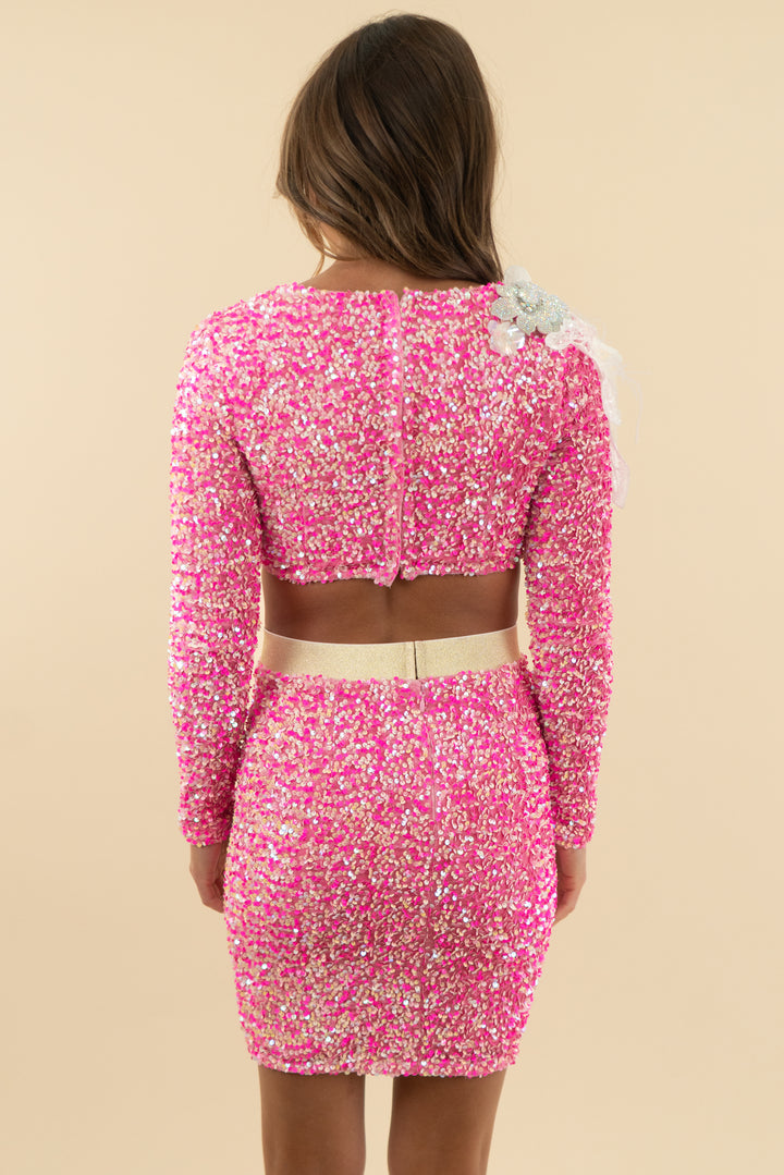 petal + pup pink sequin floral crop top and mini skirt set (xs)