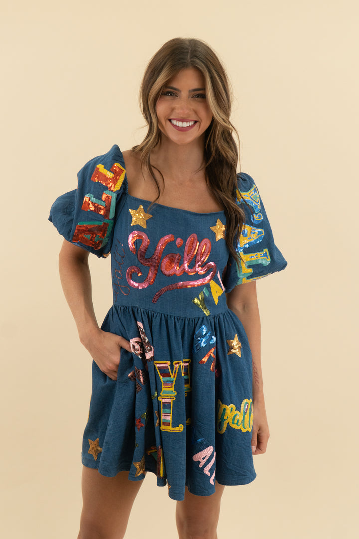 queen of sparkles "yall" denim dress (xs)