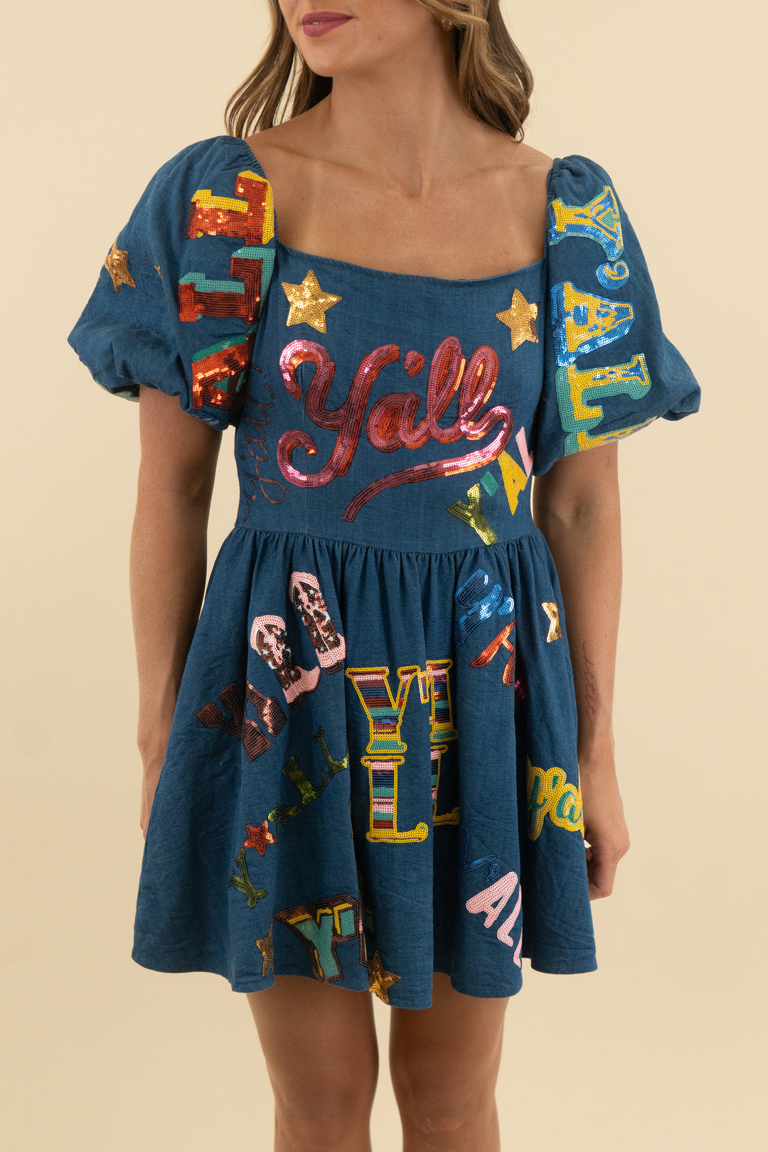 queen of sparkles "yall" denim dress (xs)