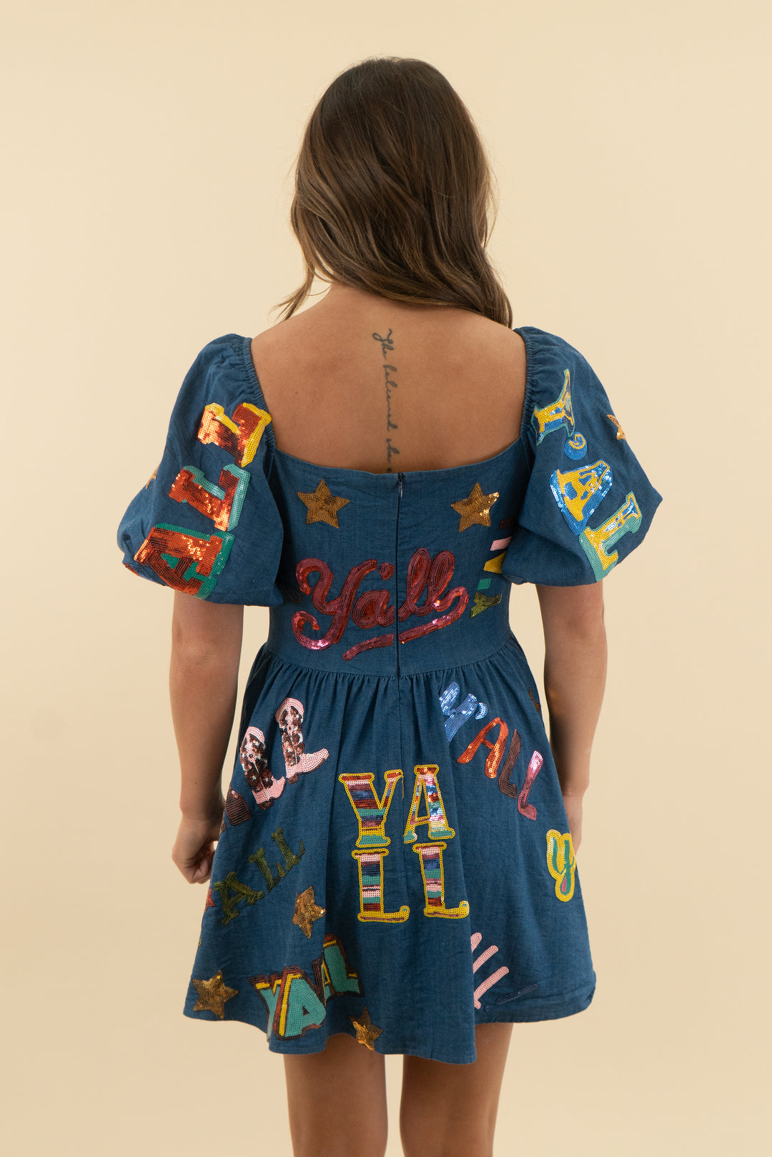 queen of sparkles "yall" denim dress (xs)