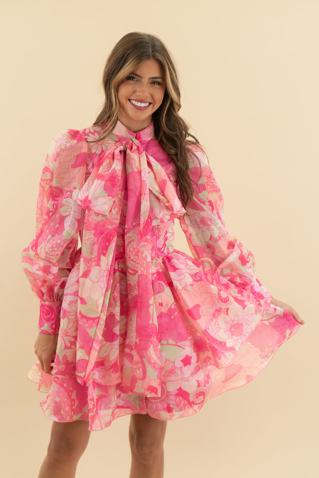 asos luxe pink long sleeve floral mini dress (2)