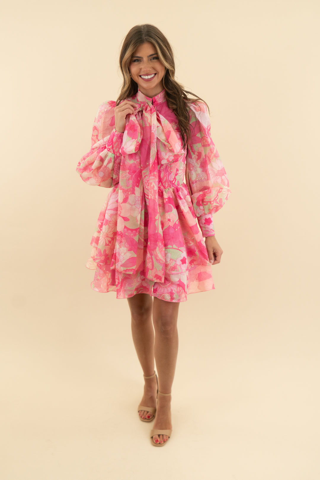 asos luxe pink long sleeve floral mini dress (2)