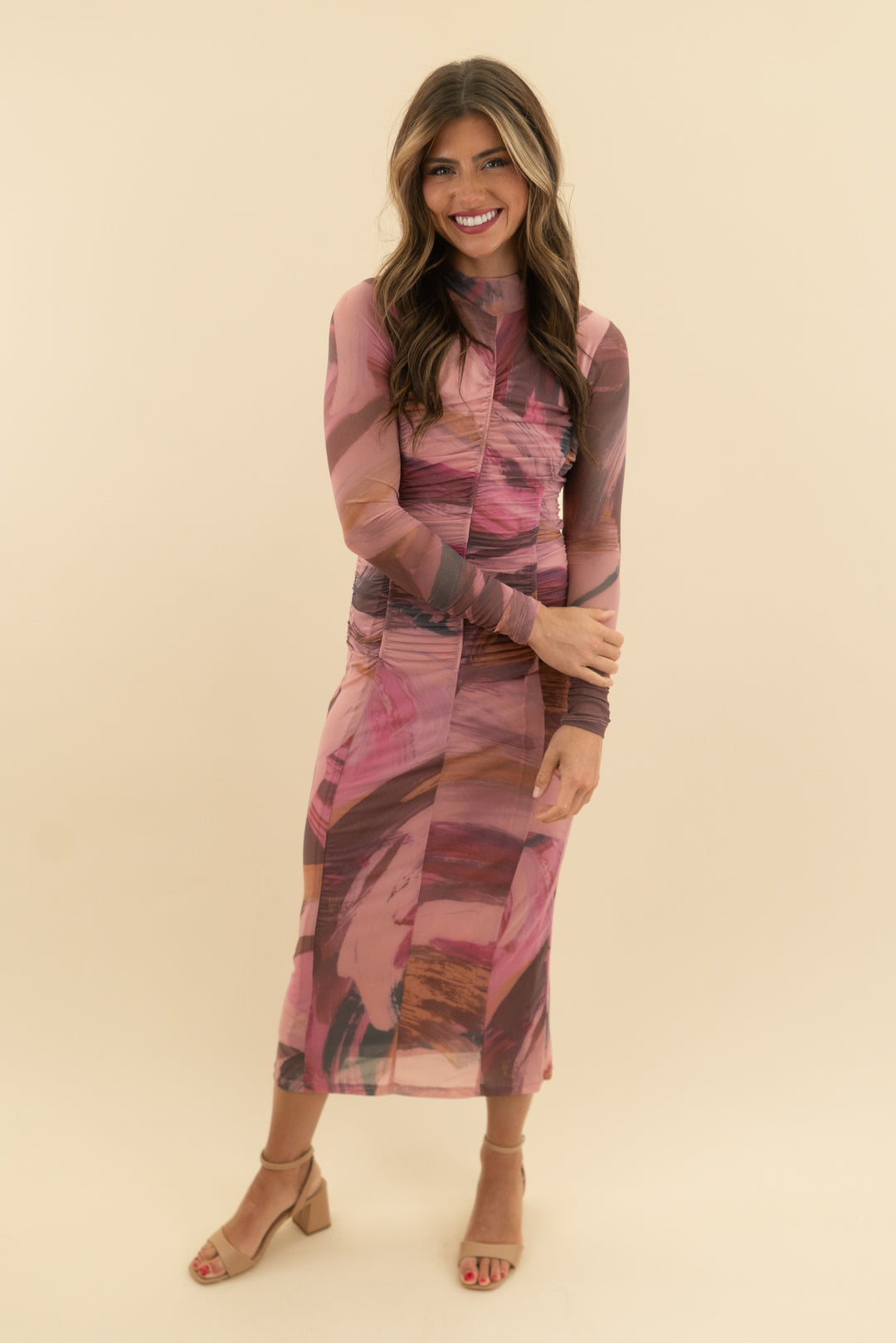 anthropologie pink abstract ruched midi (xs)
