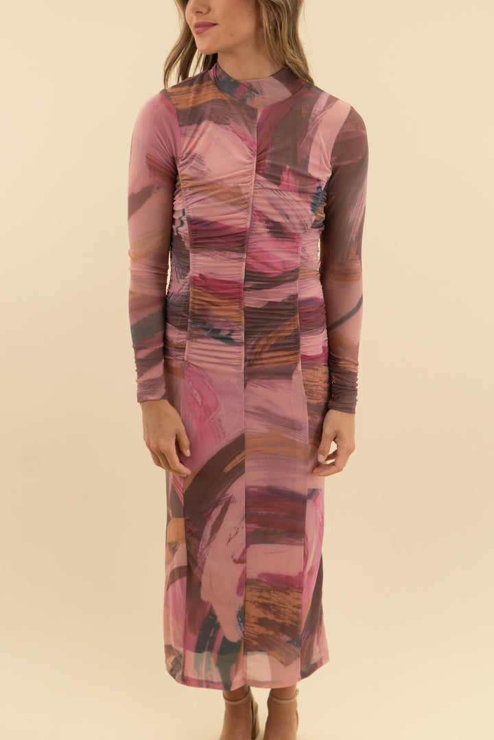 anthropologie pink abstract ruched midi (xs)