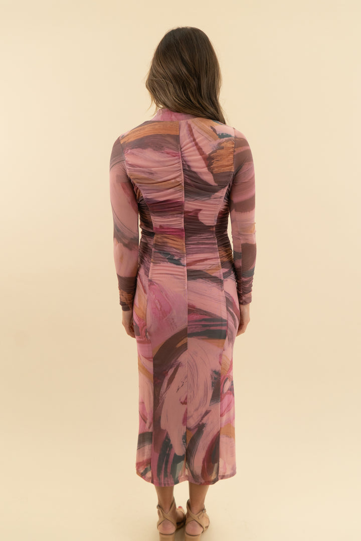anthropologie pink abstract ruched midi (xs)