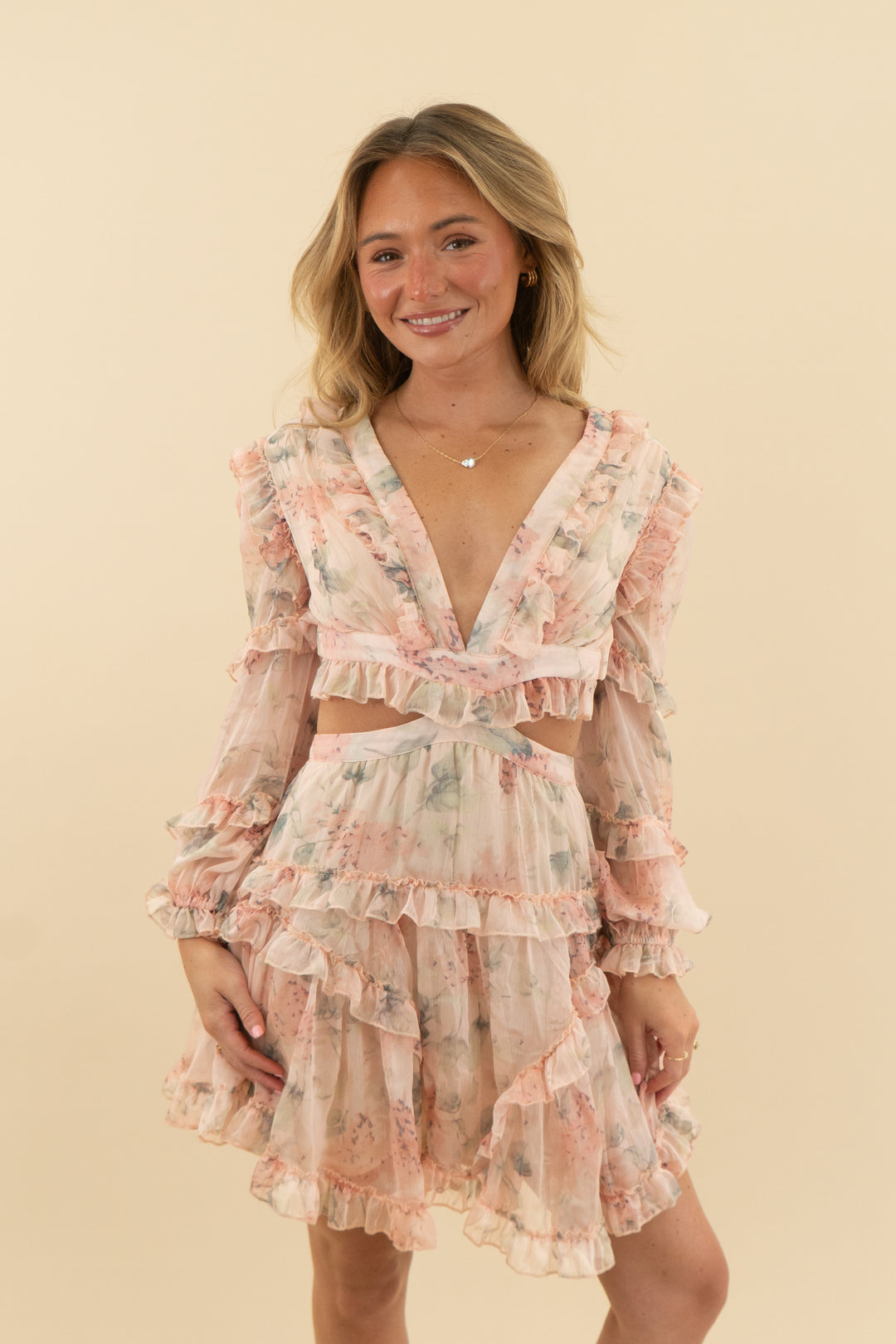 blush floral print cutout mini dress (s)