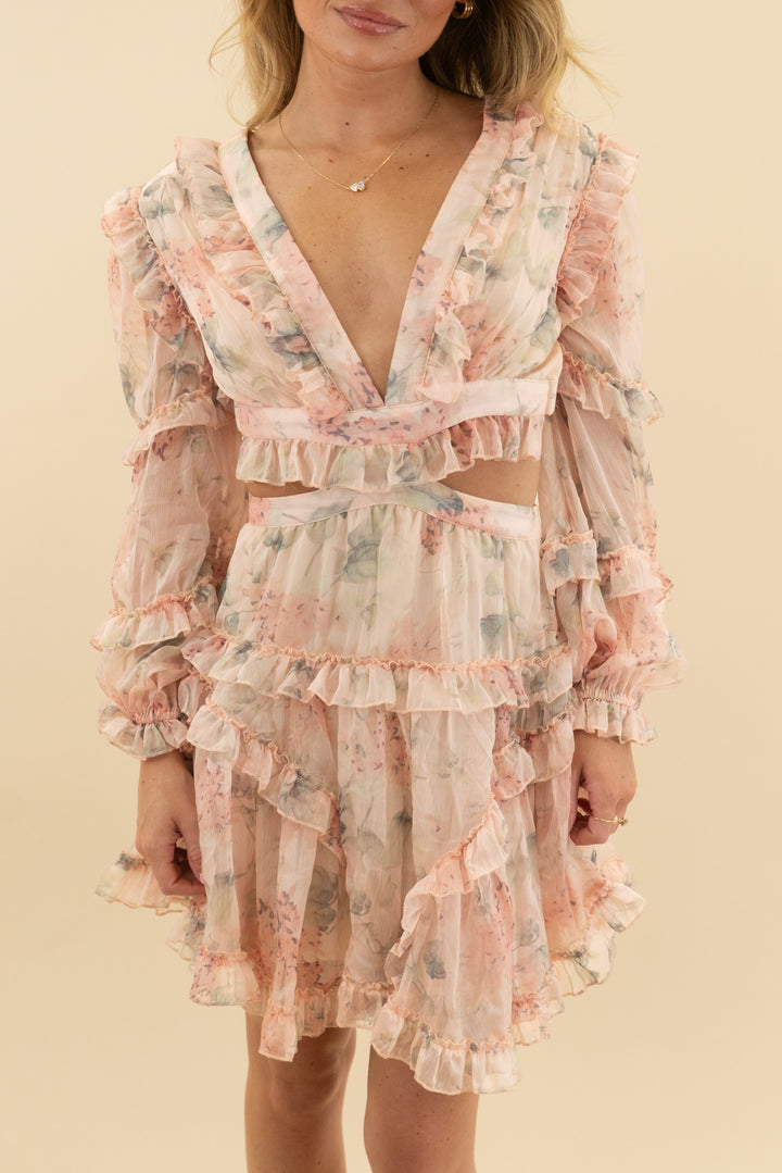 blush floral print cutout mini dress (s)