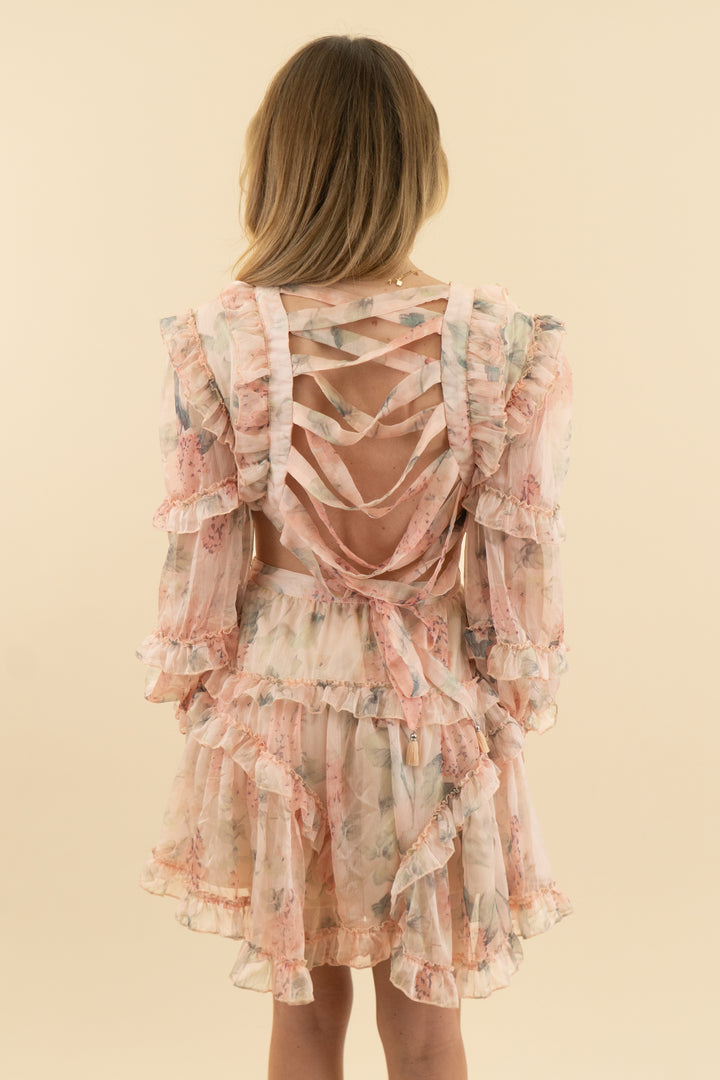 blush floral print cutout mini dress (s)