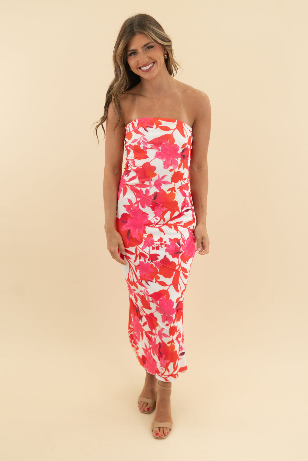 pretty garden pink and orange strapless floral dress (xs)