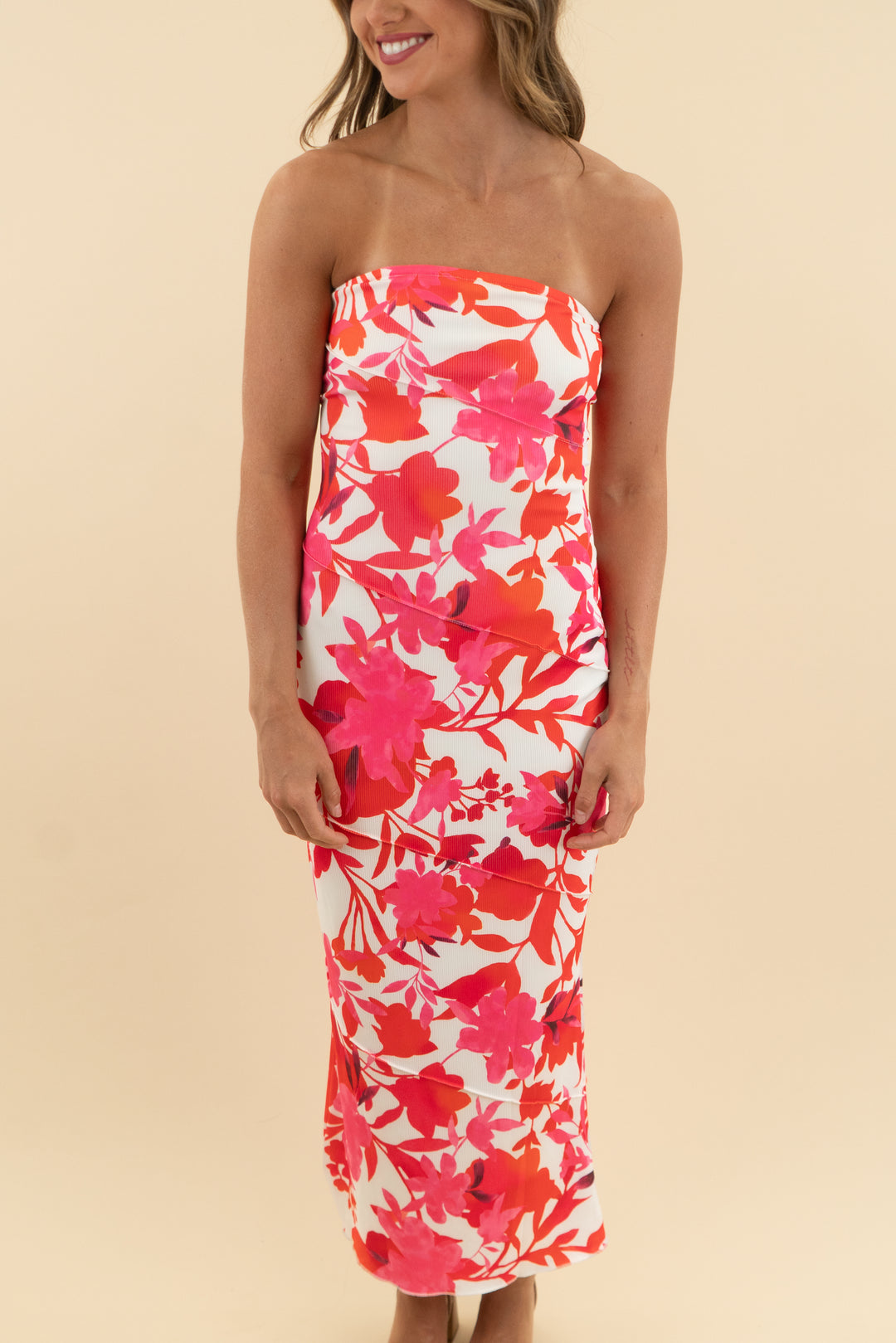 pretty garden pink and orange strapless floral dress (xs)