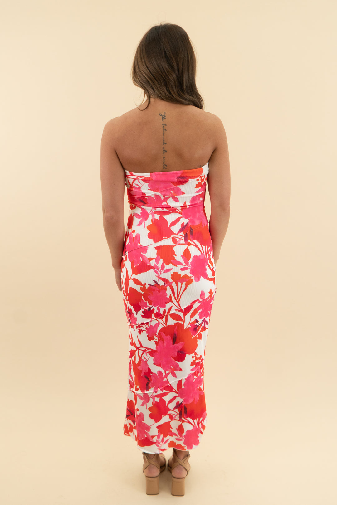 pretty garden pink and orange strapless floral dress (xs)