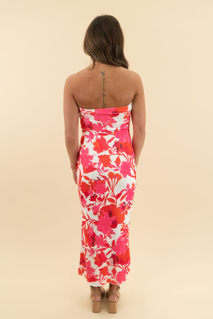 pretty garden pink and orange strapless floral dress (xs)