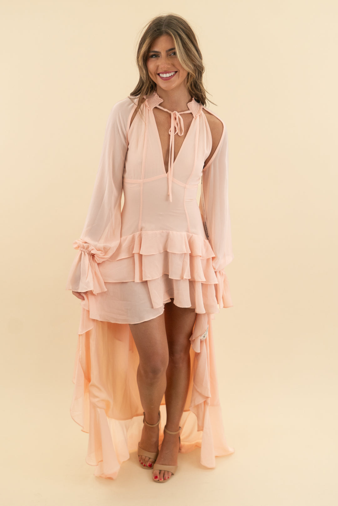 wanderdoll peach ruffle high low dress nwt (xs; retail $157)