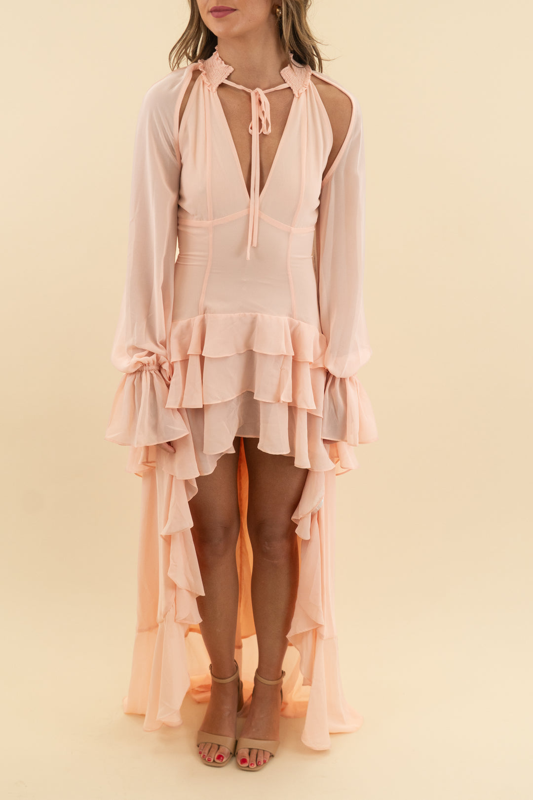 wanderdoll peach ruffle high low dress nwt (xs; retail $157)