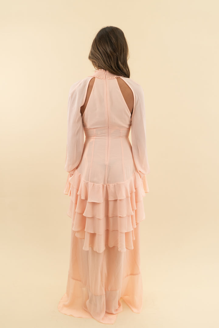 wanderdoll peach ruffle high low dress nwt (xs; retail $157)