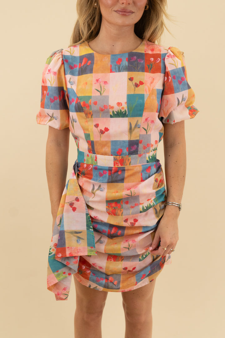 anna grace floral checkerboard print dress (s)