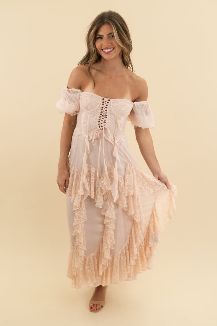 miss selfridge pink corset ruffle lace maxi dress (0)
