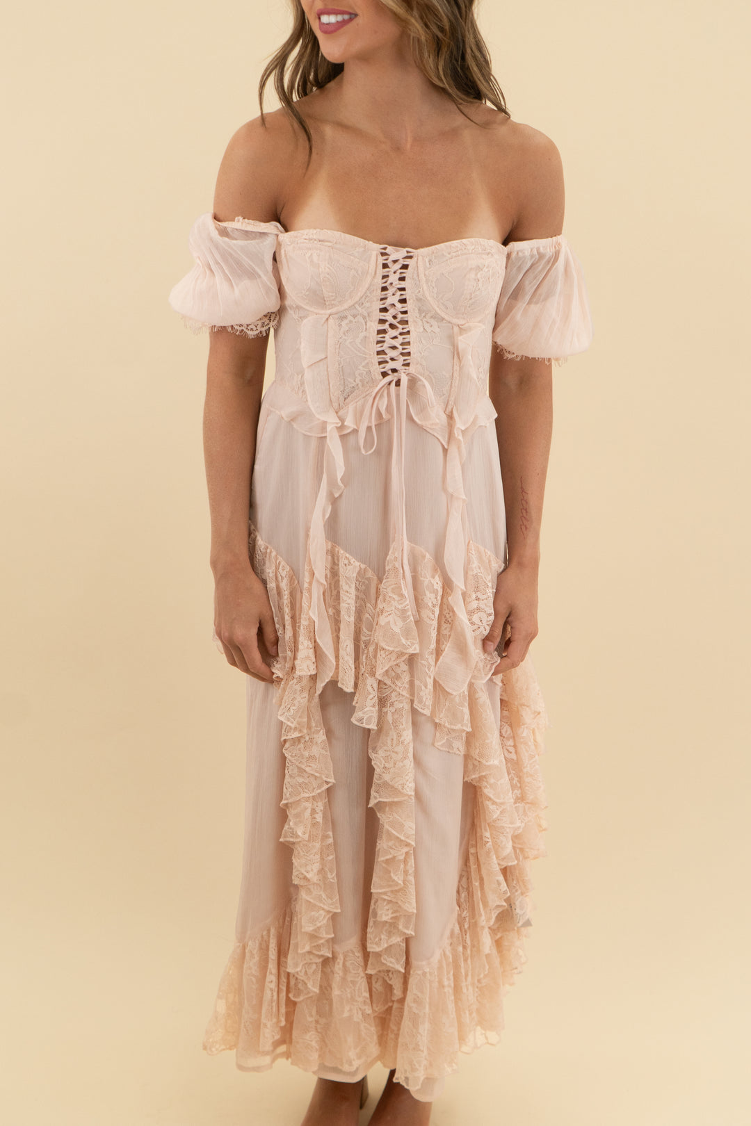 miss selfridge pink corset ruffle lace maxi dress (0)