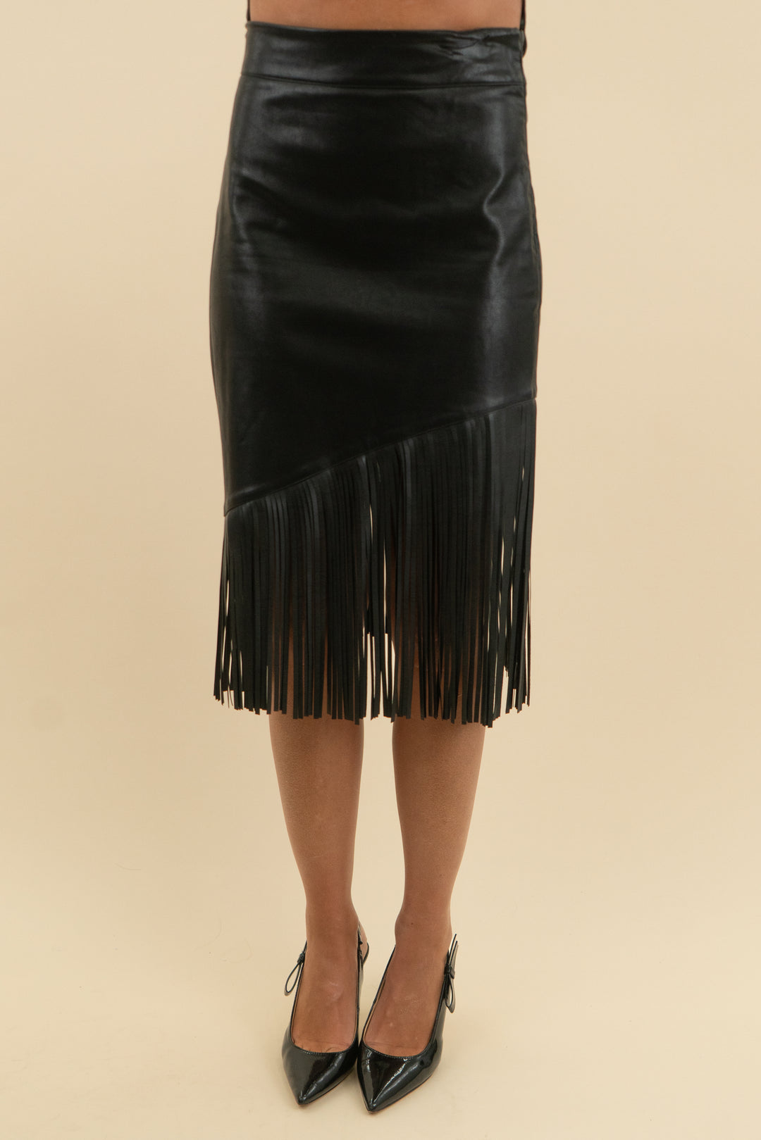 asos black vegan leather fringe midi skirt (4)